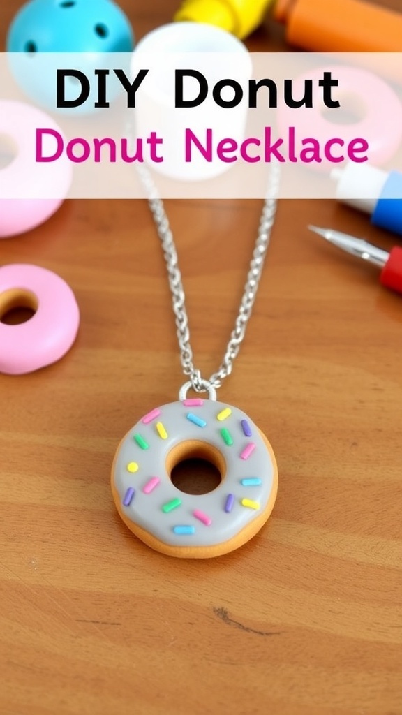 A handmade donut necklace with a colorful pendant on a wooden table.